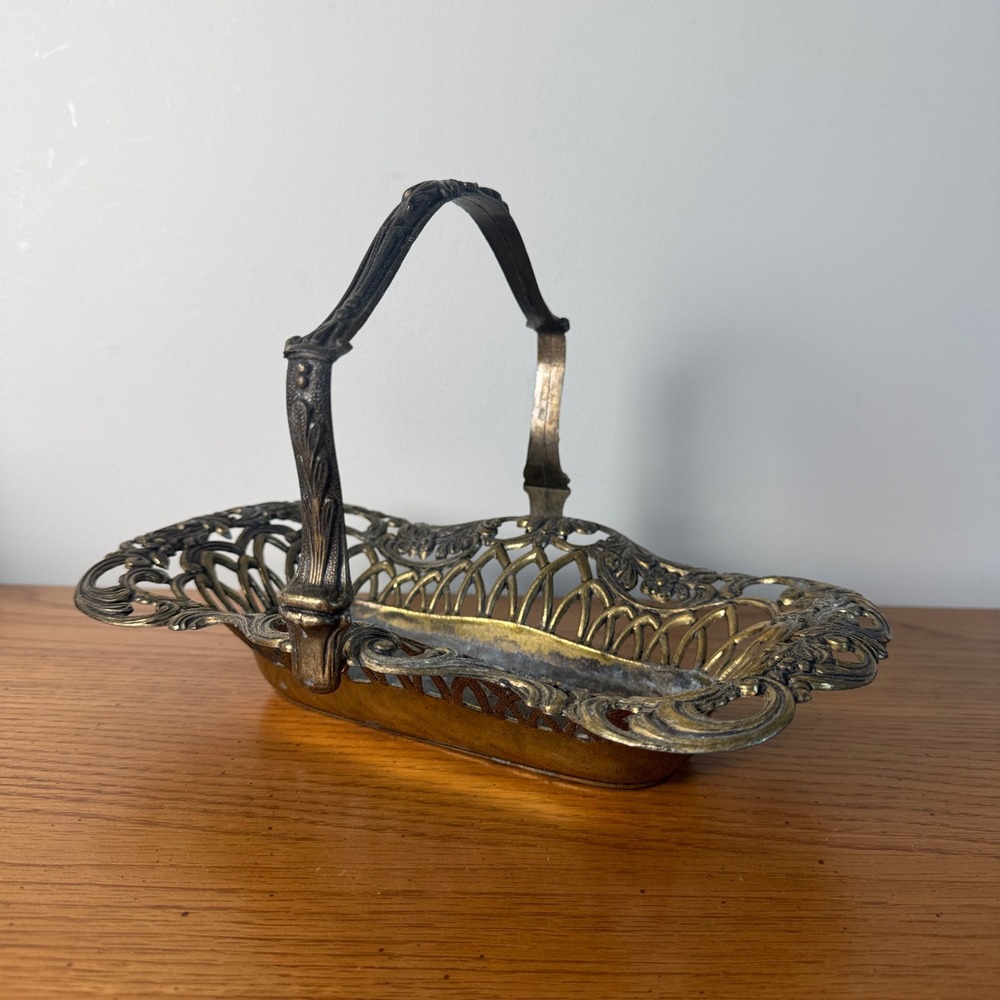 Vintage Italian Brass Basket with Handle and Ornate Filigree